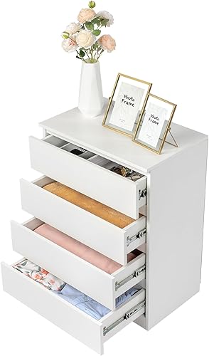 Miniatura 6 de Karl home Cómoda blanca de 4 cajones para dormitorio, cómoda de madera con cajones profundos, cómoda alta con asas recortadas, cómoda de madera