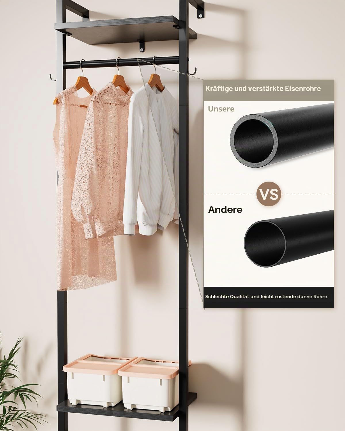 YMYNY Wandgarderoben mit Ablage, Garderobenständer, 180CM Kleiderständer, Freistehender hoher Schrankorganizer, Industrieller für Kleidung, Flur, Schlafzimmer, Schwarz HGR003B