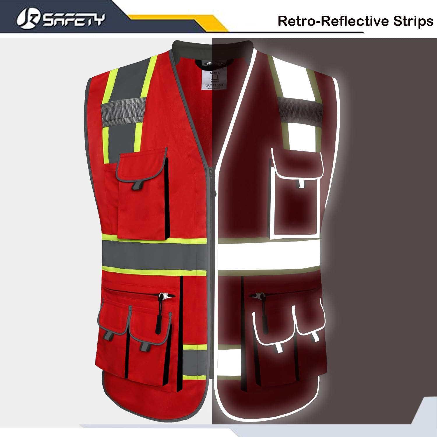 JKSafety Gilet di sicurezza ad alta visibilità con 10 tasche per uomo e donna con chiusura ad alta visibilità ANSI/ISEA classe 2