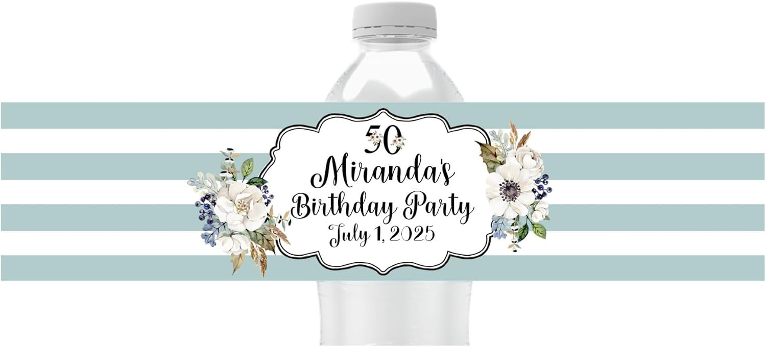 Floral Personalized Water Bottle Wraps, Custom Party Decorations for Milestone Birthday, DIY Favor Kit, Waterproof Wraparound Bottle Stickers, Pack of 25