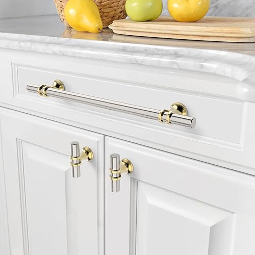 Miniatura 4 de Amerdeco ZH0058 - Paquete de 10 tiradores de gabinete de níquel satinado cepillado y dorado de 7.5 pulgadas (7.559 in) con agujeros centrales,