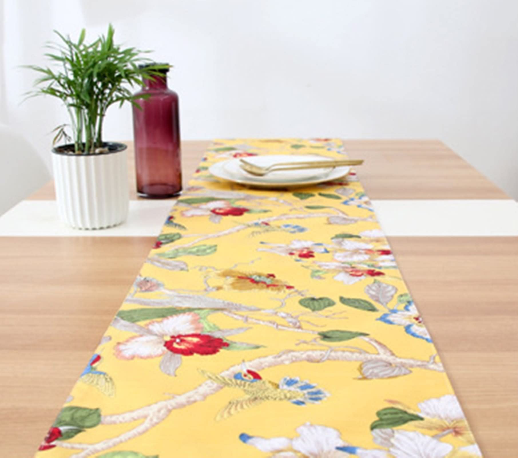 Tischläufer Herbst, Tischdecke Bierzeltgarnitur aus Baumwolle Vintage Blumen Gelb 30x220CM für Abendessen Hochzeit Dekor