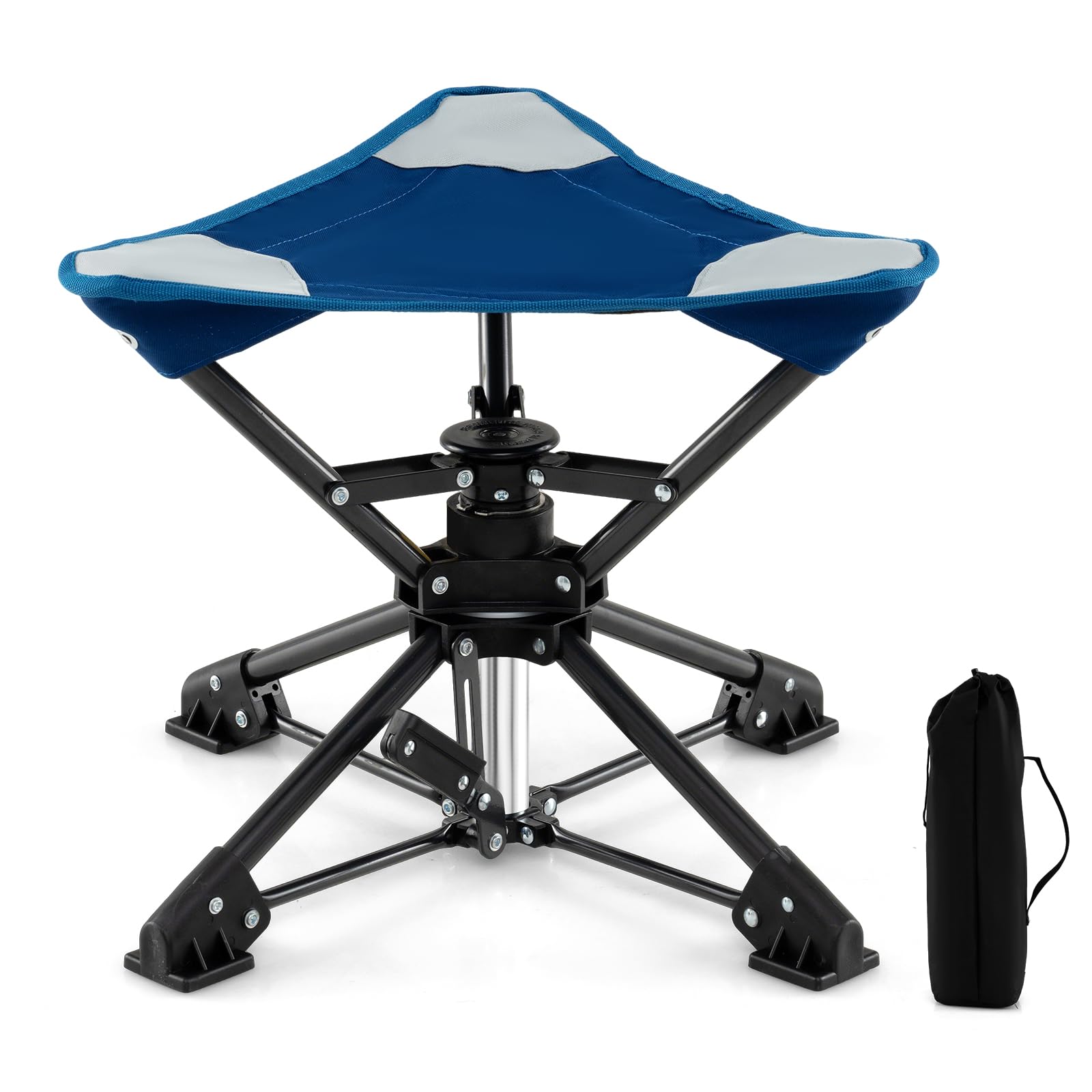 COSTWAY Folding Hunting Stools, Lightweight Tripod Camping Stool with Anti-Sink Feet and Carry Bag, 360° Swivel Hunter Seat Blind Stool for Hiking Fishing, 150KG Capacity (1, Blue+Black)