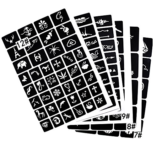 Xmasir 6 Sheet Small Reusable Tattoo Stencils Temporary Tattoo Templates for Henna/Airbrush/Face Paint/Glitter