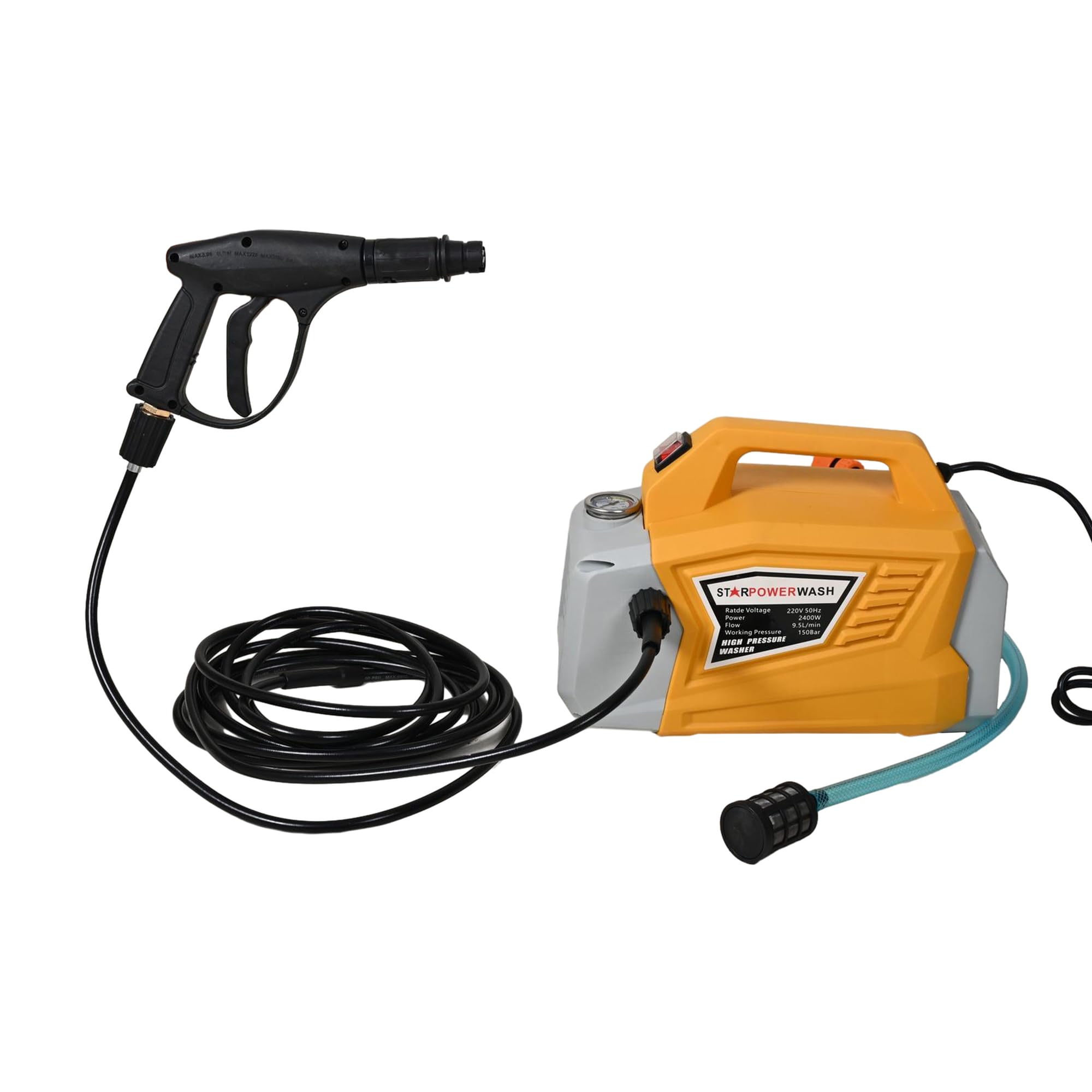 HYCO Label Star Power Electric High Pressure Car Washer Machine, 2400W, 150-200 Bar Pressure, 9.5L/Min Flow Rate, 10M Hose Pipe, Black and Yellow, with Spray Gun-image-18