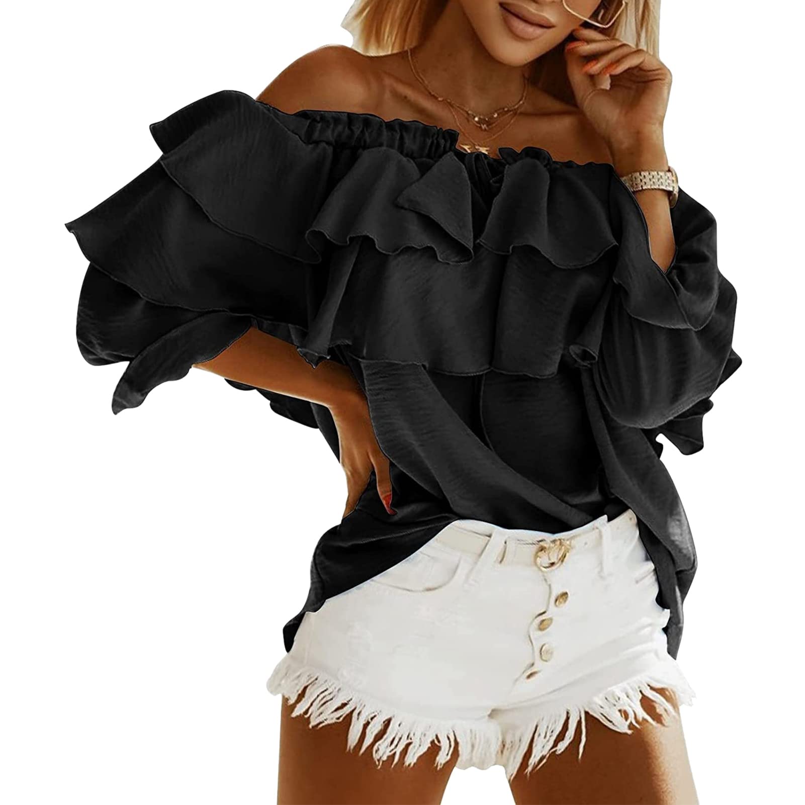 Damen Schulterfrei Oberteile 3/4 Geschichtete Rüschenärmel Rückenfrei T-Shirts Elegant Bluse Tops(m-Schwarz)