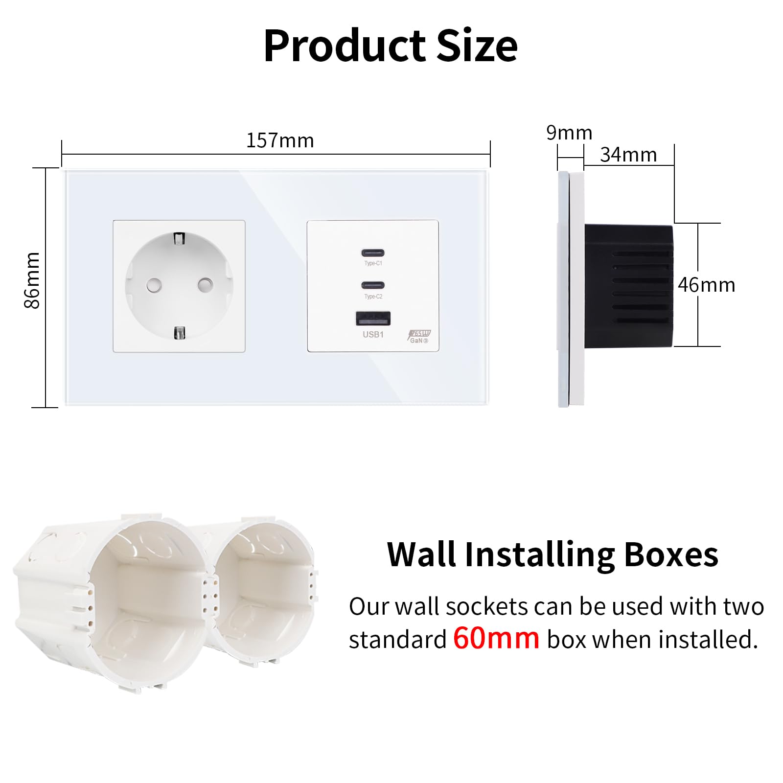 JIMEIDA Prise Schuko en verre avec USB C 65 W Charge rapide, blanc, prises Schuko avec 1 port USB-A, 2 ports de type C, encastrées 157 mm, 16 A, 250 V