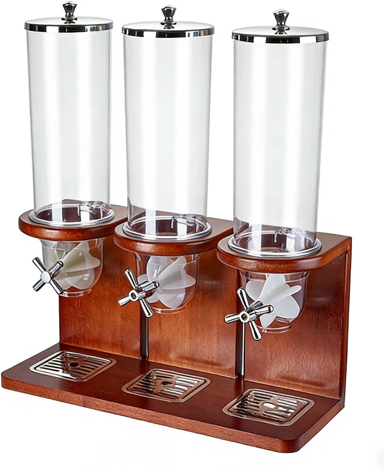 Dispensador de cereales de 3 compartimentos con base de madera y tapas de acero inoxidable, capacidad de 12 litros, diseño fácil de limpiar para frutos secos, dulces, aperitivos, organizador de