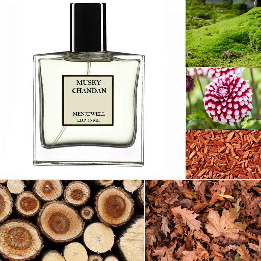 Menjewell Luxury Musky Chandan Unisex Eau De Parfum Perfume with Dry, Woody, Mossy and Sandalwood | Premium, Long Lasting Woody Fragrance for Men and Women, 50Ml