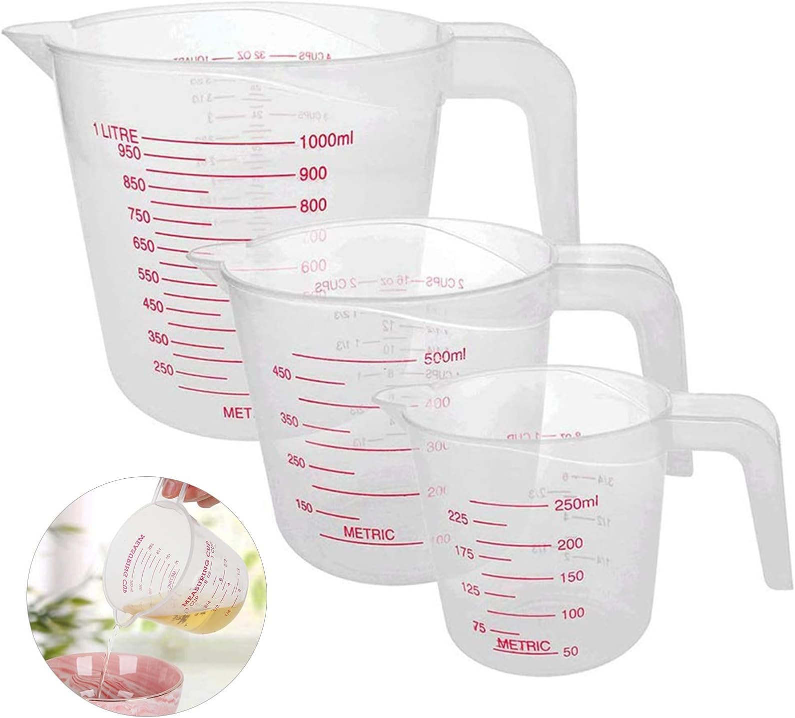 Plastic Measuring Jugs 3PCS,Kitchen Baking Jugs Set, Measuring Jugs Set 250ML 500ML 1000ML Clear Measuring Cup for Cooking Baking, Easy to Read Measurements, Cook with Accuracy