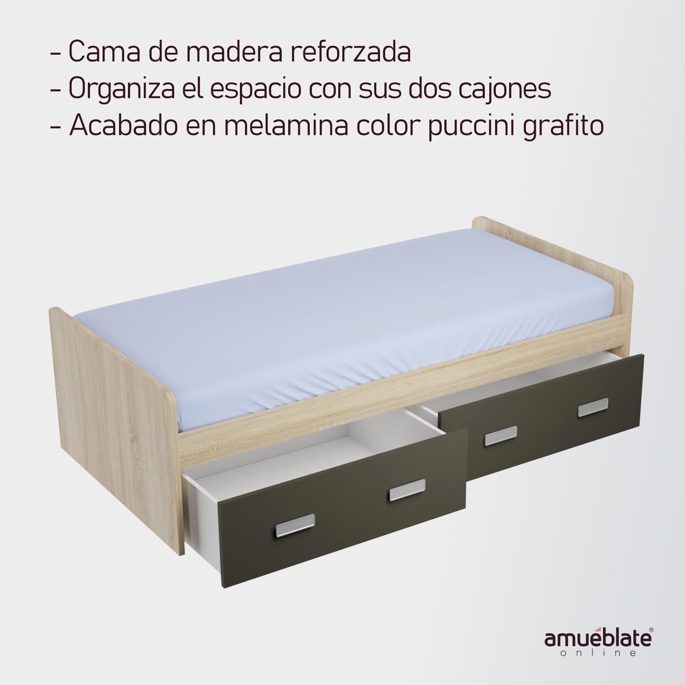 amuéblate online - Cama de Madera Reforzada con Dos cajones, Gran Estabilidad, Modelo Helsinki, Cama de 90x190, Color Puccini - Grafito