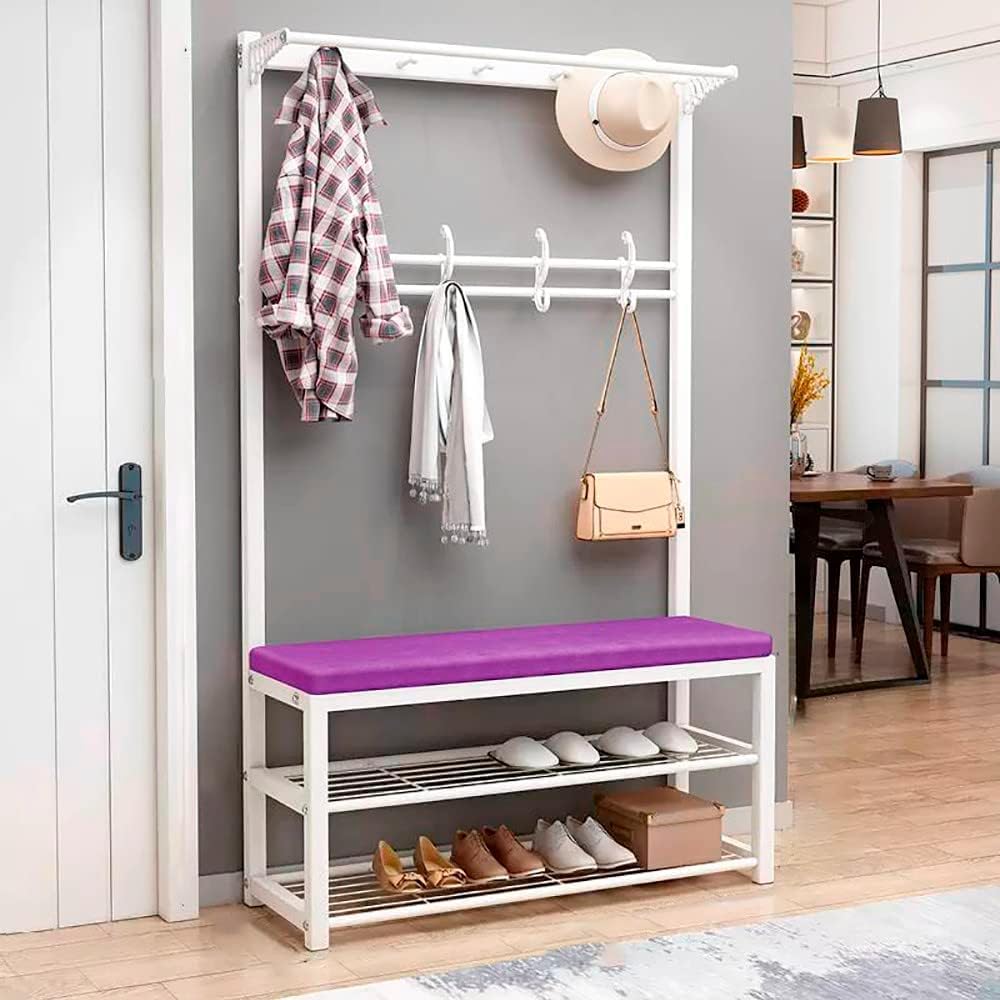 MYUYEE Coat Rack With Bench, Clothes Rack With Shoe Racks, Shoe Rack With Seat, Metal Coat Rack With Hooks And 3 Shelves For Hallway Bedroom, 100X33X170Cm(100X33X170Cm C-C)