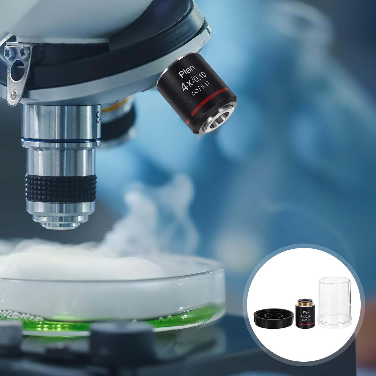 4-Fach Biologisches Mikroskopobjektiv Planlinse 0,10 NA 19,37mm Arbeitsabstand Ölbeständig für Labor Forschung und Biologieunterricht
