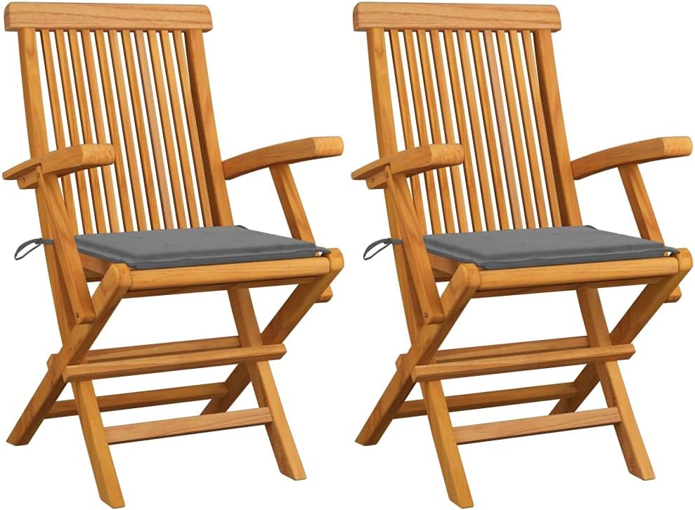 Patio Chairs with Gray Cushions 2 pcs,Lounge Chairs,Lawn Chairs,Camping Chair,Beach Chairs,Poolside Chairs,Indoor Chair,Foldable for Easy Storage,for Lawn,Garden,Backyard,Porch,Solid Teak Wood