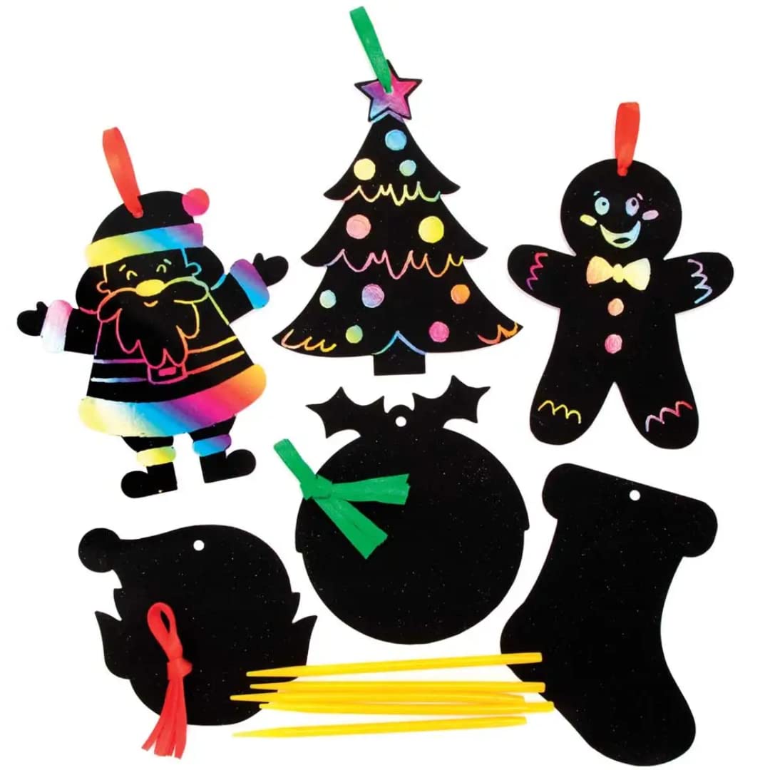 Baker Ross Christmas Scratch Art Decorations Pack of 12 - Christmas Decoration Craft Kit for Kids, Festive Craft Activities for Children (FC200)