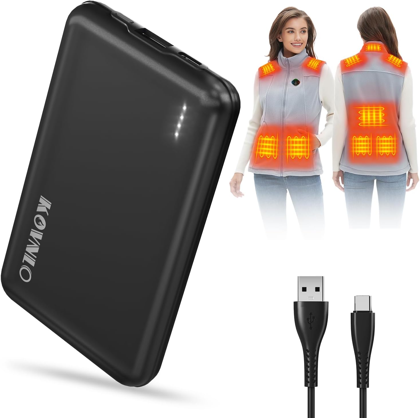 KOVNLO Battery Pack for Heated Vest, 5V 2A 10000mAh USB Power Bank with USB-C Charging Cable, Ultra Thin Portable Charger for Heated Jacket,iPhone, Android