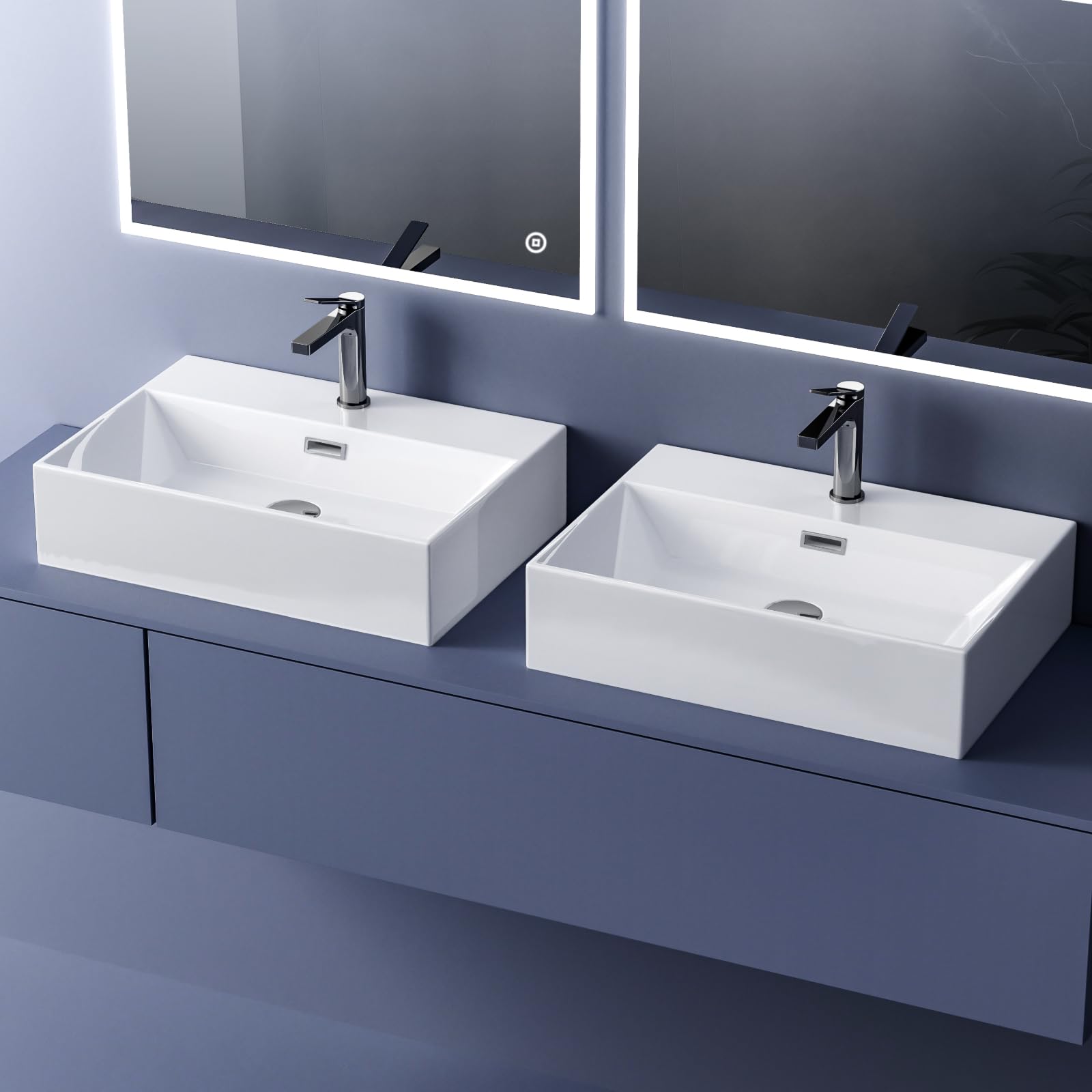 EMKE Lavabo de diseño moderno, lavabo colgante de cerámica de alta calidad con borde fino, lavabo para cuarto de baño y WC invitados, 415 x 360 x 130 mm, blanco, lavabo cuadrado, lavabo en plano
