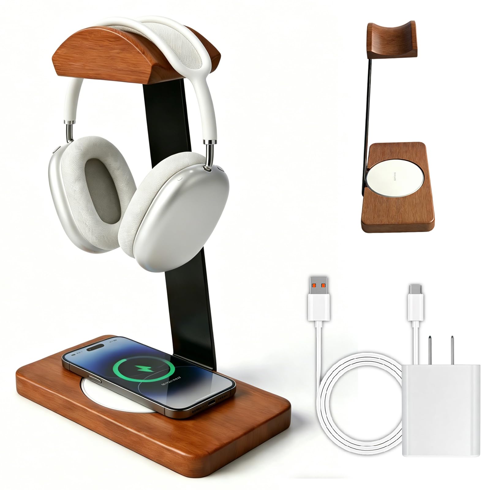 Solid Wooden Headphone Holder, Universal Headset Stand with Wireless Charger 15W Max Fast for Desk, Wireless Charger Headphone Holder for Gaming Desk Compatible with iphone Samsung （White）-image-45