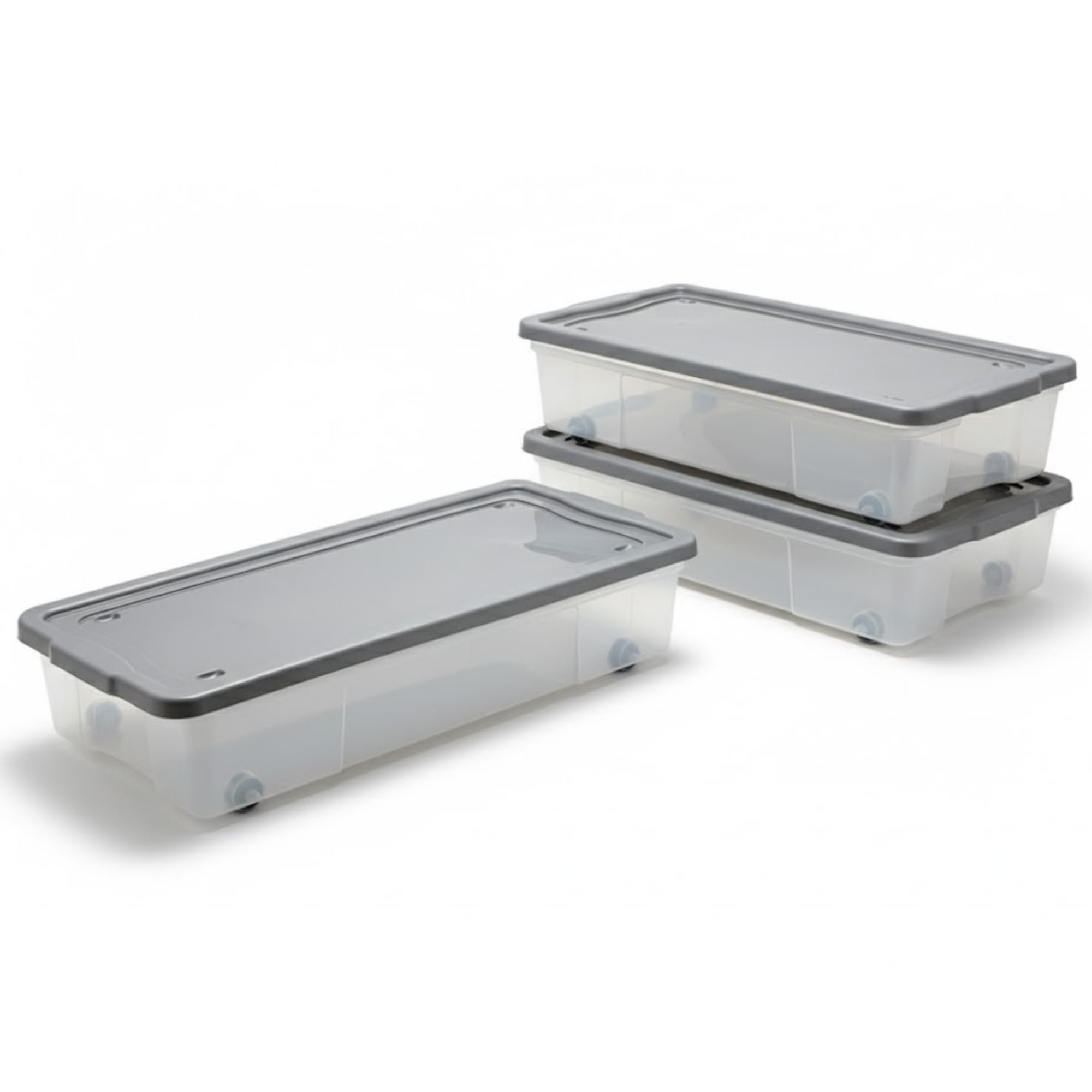 ALEEZ 47L Underbed Storage Box With Lid - Set of 3 Under Bed Space Saver With Wheels - Large Portable Clothes Organizer - Nestable Clothes Container - Stackable Multipurpose Transparent Laundary Boxes