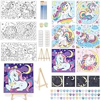 6 Pack Glow in The Dark Unicorn Paint by Numbers for Kids - Predrawn Canvas Arts and Crafts with 50 Paints,12 Brushes 2 Easels, DIY Acrylic Oil Painting Kits for Boys Girls Beginners, Home Wall Decor