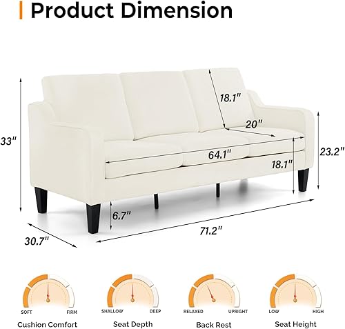 Miniatura 81 de VINGLI Sofás para sala de estar, sofá pequeño marrón de 71 pulgadas, sofás modernos de mediados de siglo, 3 plazas, cómodo sofá tapizado de felpilla