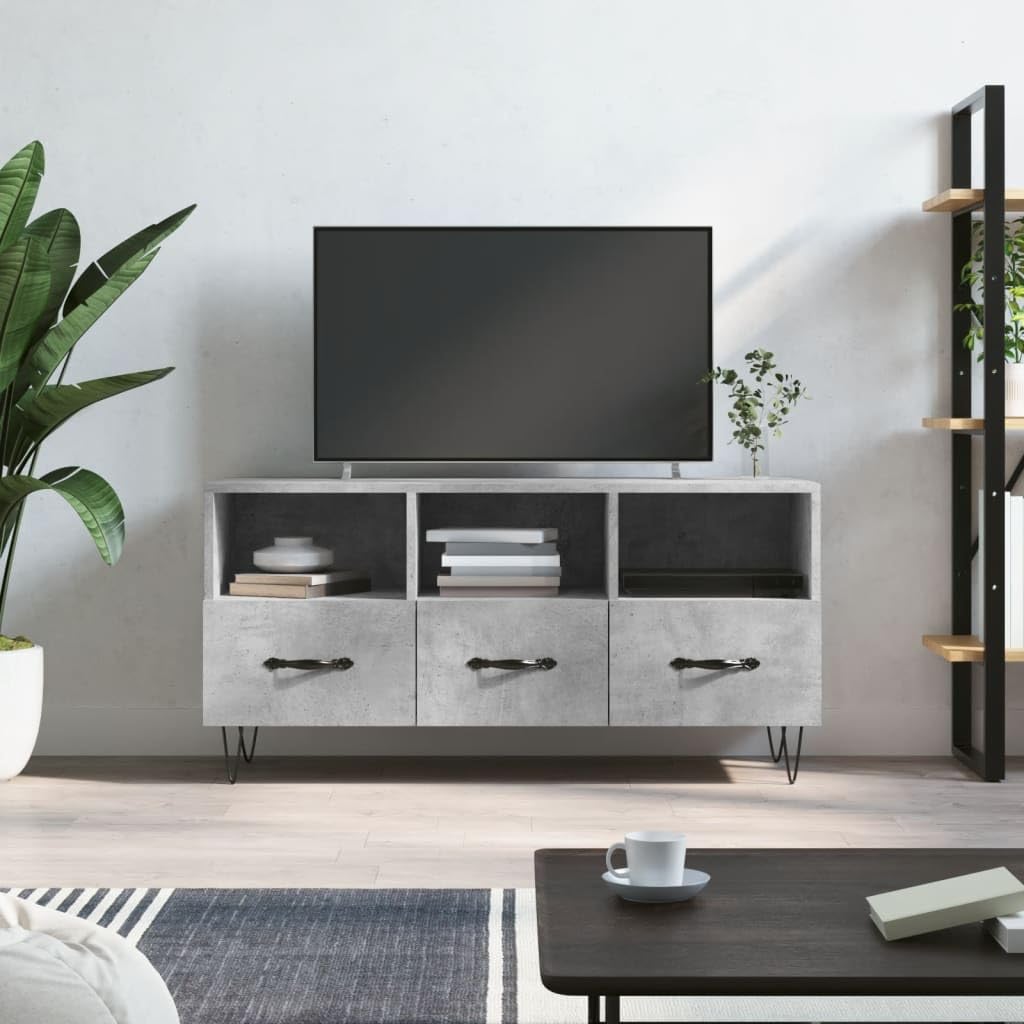le Konsola TV z Ders, szary cement h, 102 x 36 x 50 cm, wielowarstwowe drewno i żelazo, eleganckie futro do salonu, nowoczesny stojak na telewizor, szafka Sto na akcesoria telewizyjne
