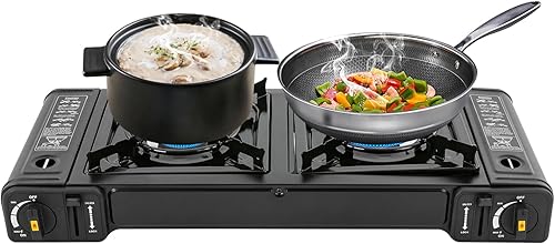 Estufa de camping portátil, parrilla de campamento al aire libre, 2 quemadores, estufa de butano con bandeja de parrilla para camping, barbacoa (sin