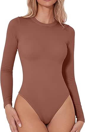 Amazon.com: QINSEN Women's Seamless Long Sleeve Bodysuit Crew Neck ...