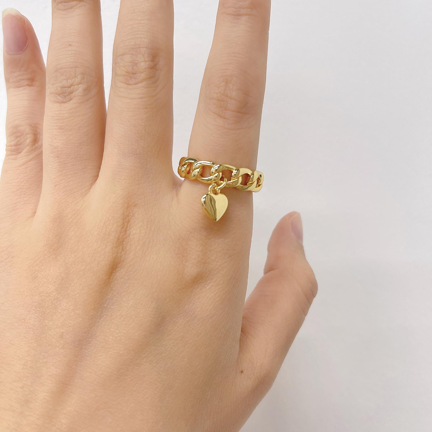 Solid Heart Cuban Chain Statement Ring for Women - Dangle Hanging Hearted Love Open Adjustable Stacking Bands Promise Eternity Wedding Engagement Rings Cute Birthday Jewelry for Lover - Image 2