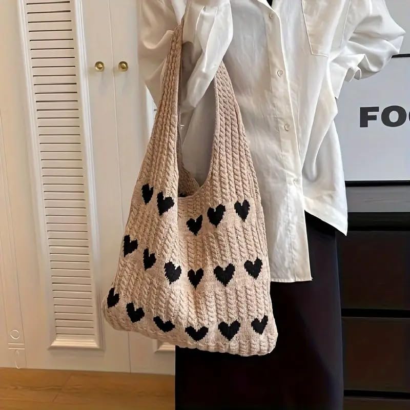 Image of Street27 Korean Crochet Tote Bag Casual Work Love Hobo Shoulder Handbags | Multi-Purpose Bag |Sturdy Aesthetic Tote Bag with Large Capacity | Shopping Bag for Office, College & Daily Use