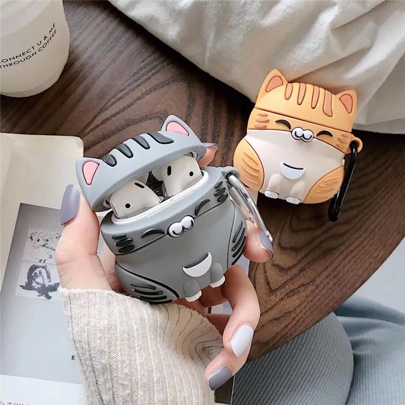 Image of Earphone Case for AirPods Pro /Pro 2, Cute Sitting Smiling Happy Lucky Cat Case Soft TPU Silicone Case, Lovely Yellow Grey Kitty AirPods Pro /AirPods Pro 2 Cover Protective Skin Protector -Yellow