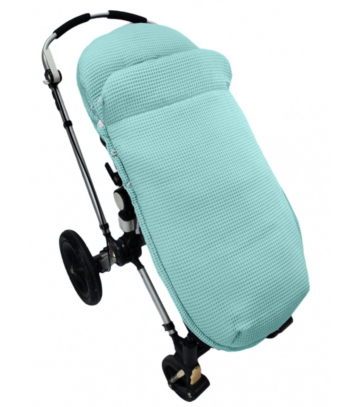 Conjunto de Saco Silla de paseo Universal + Bolso Panera Personalizada – Conjunto Saco Universal + Talega o bolsa para carrito bordada con nombre – Gofre - Waffle – Nenel (Verde agua)