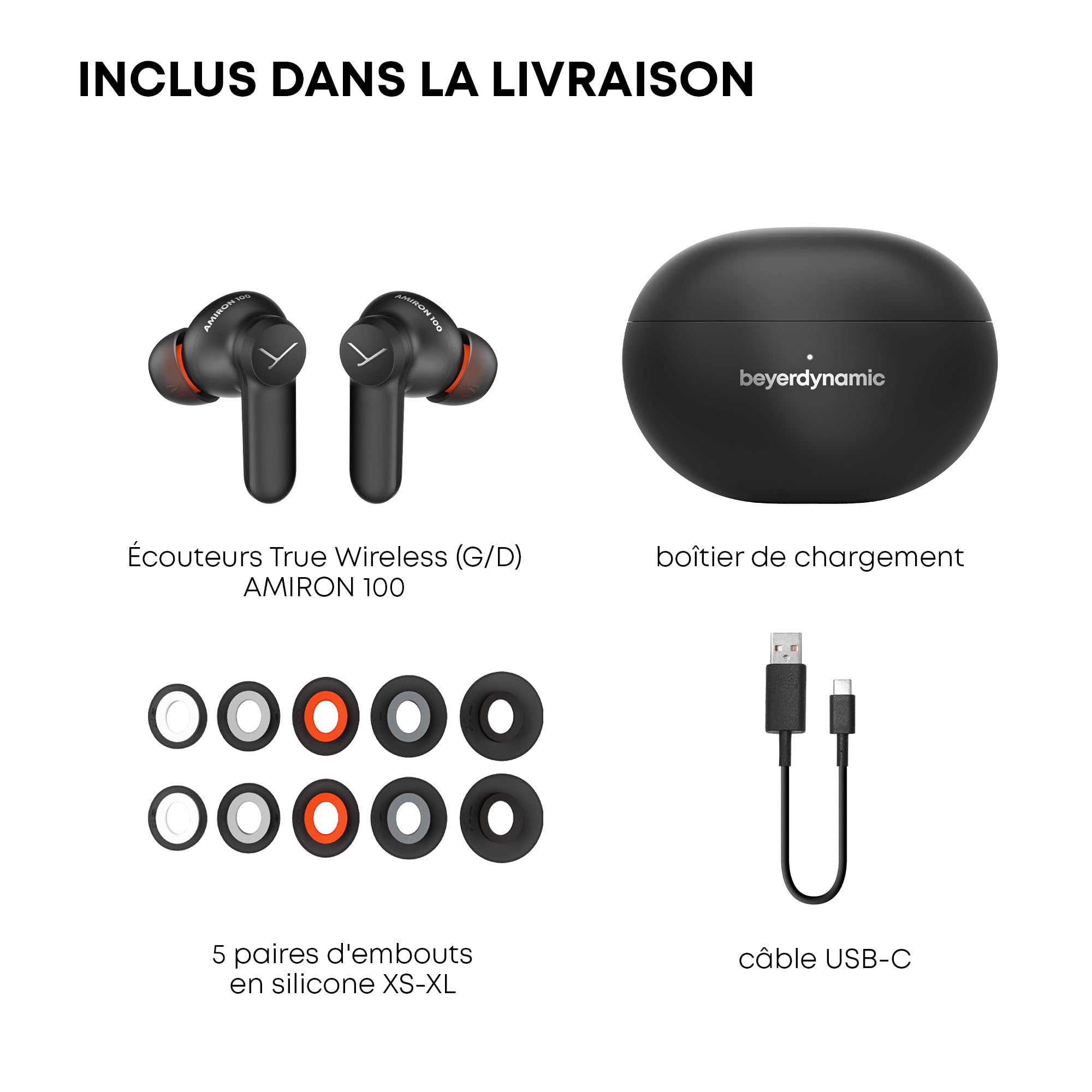 beyerdynamic AMIRON 100 Écouteurs True Wireless avec réduction du Bruit, Autonomie de 27 Heures, Mode Transparence, Bluetooth® 5.3, Design Compact Noir
