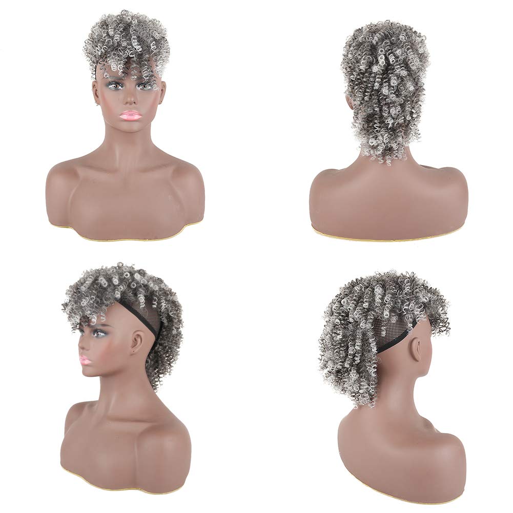 Wig Short Afro Kinky Curly Ponytail Hairpiece and Bangs Clip in on Synthetic Curly Hair Bun Made of Kanekalon Fibre Puff Ponytail Wrap Updo Hair Extensions with Clip ... (1B-GREY)