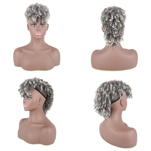 Miniatura 3 de Peluca corta afro rizada de cola de caballo y flequillo con clip en moño de pelo rizado sintético hecho de fibra Kanekalon Puff Cola de caballo Wrap