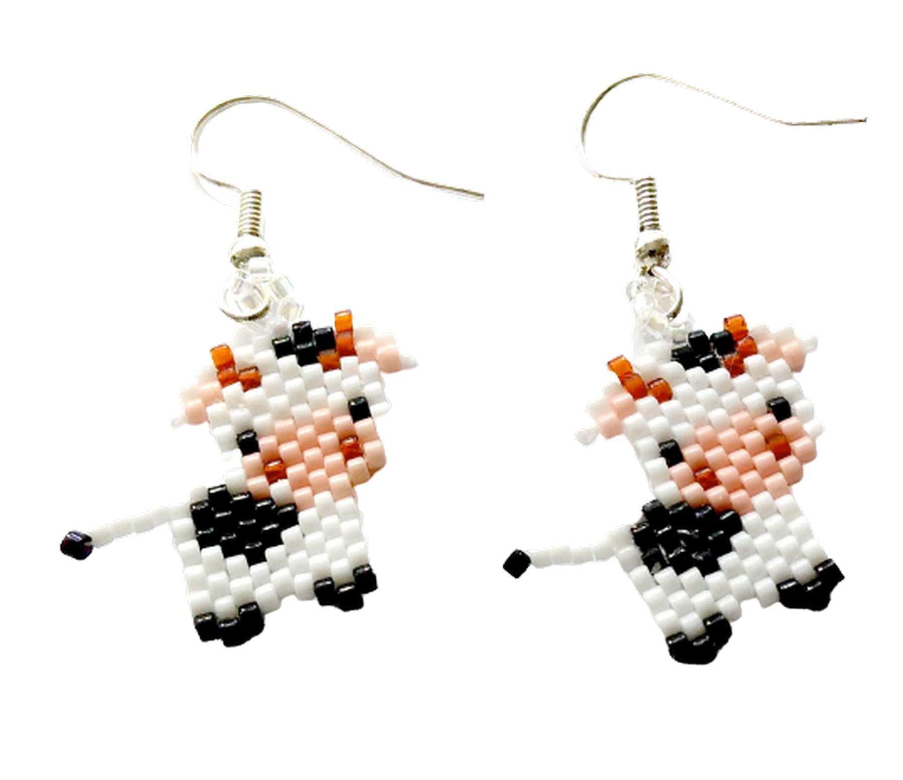 Handmadeby Artie White and Black Cow Picture Seed Bead Dangle Earrings