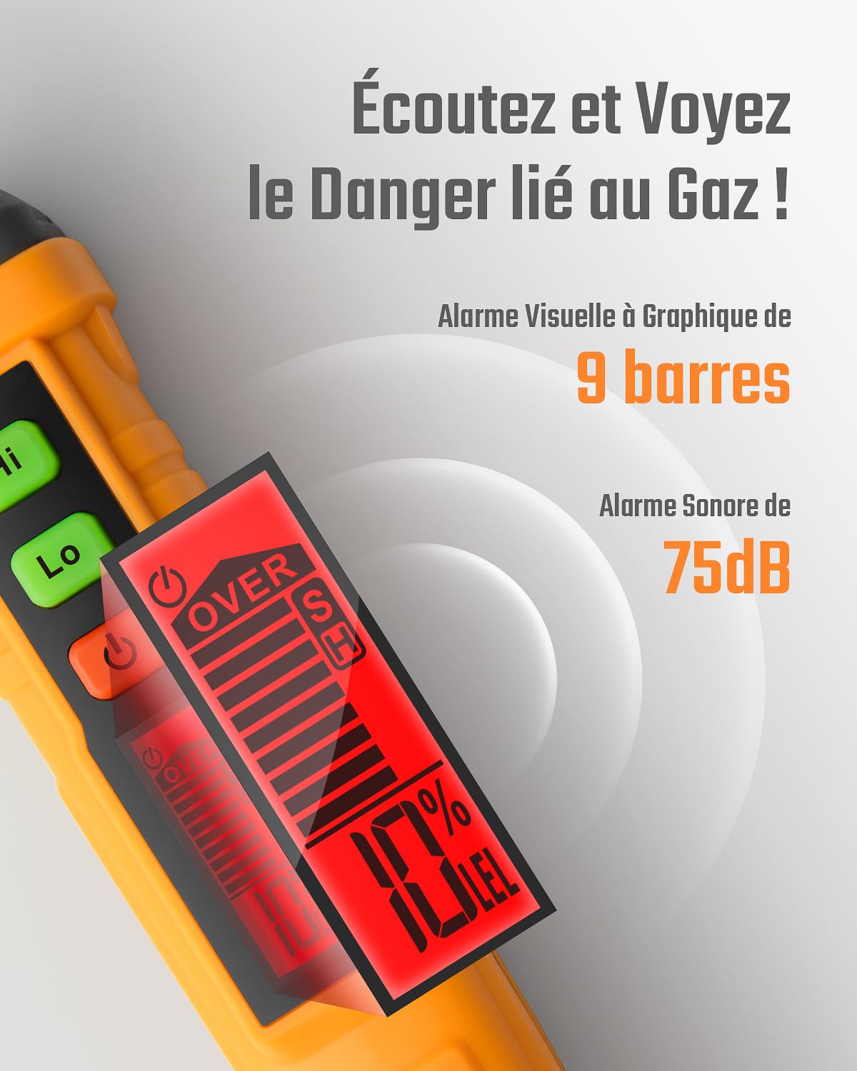 Détecteur de gaz Naturel, TopTes PT210S avec sonde de 10cm Détection pour Les fuites de gaz Naturel et du Propane - Convient pour Les cuisinières et Les Fours, Mesure en% Lie (Pile x2 Incluse)-Orange