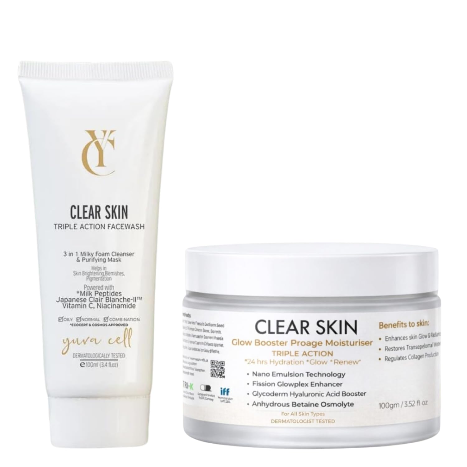 YUVA CELL Clear Skin Glow & Radiance Combo Facewash 100g and Moisturiser 100g with Hyaluronic Acid Vitamin C Niacinamide Hydrating Brightening Skincare Kit for Men Women All Skin Types-image-12