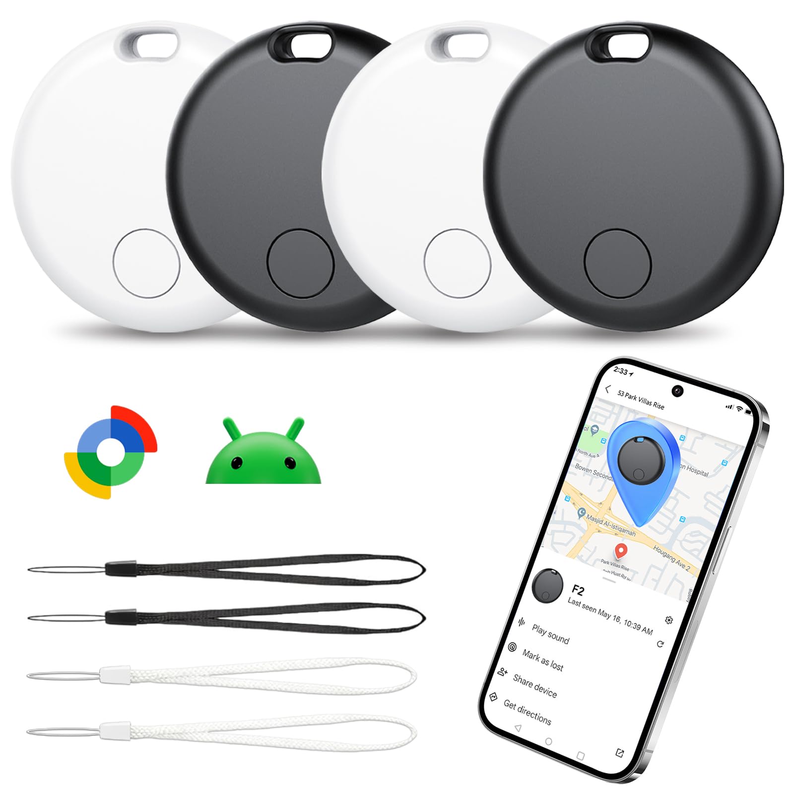 Android Smart Tag, Localizzatore GPS Set di 2, Localizzatore di oggetti Bluetooth Funziona con l'app Google Localizza (solo Android), Batteria Sostituibile, IP67 Impermeabile, Auto/Chiavi/Valigie