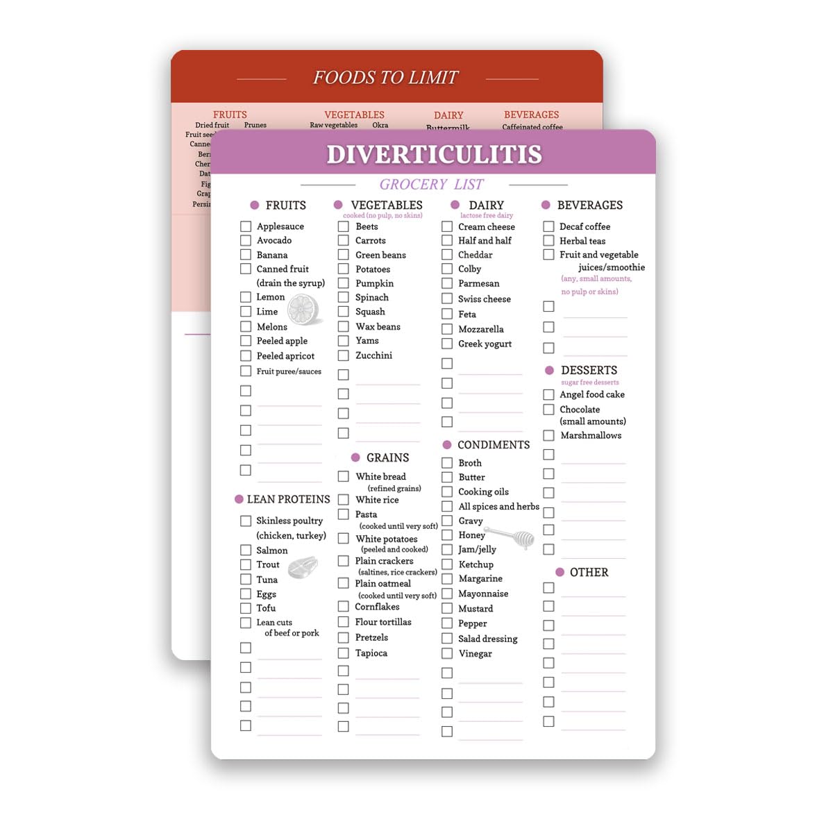 Reusable Diverticulitis Food Grocery & Shopping List Guide, Diverticulitis Diet Food Chart Meal Plan, High Fiber Foods，Digestive & Gut Health friendly, Double Sided Erasable material