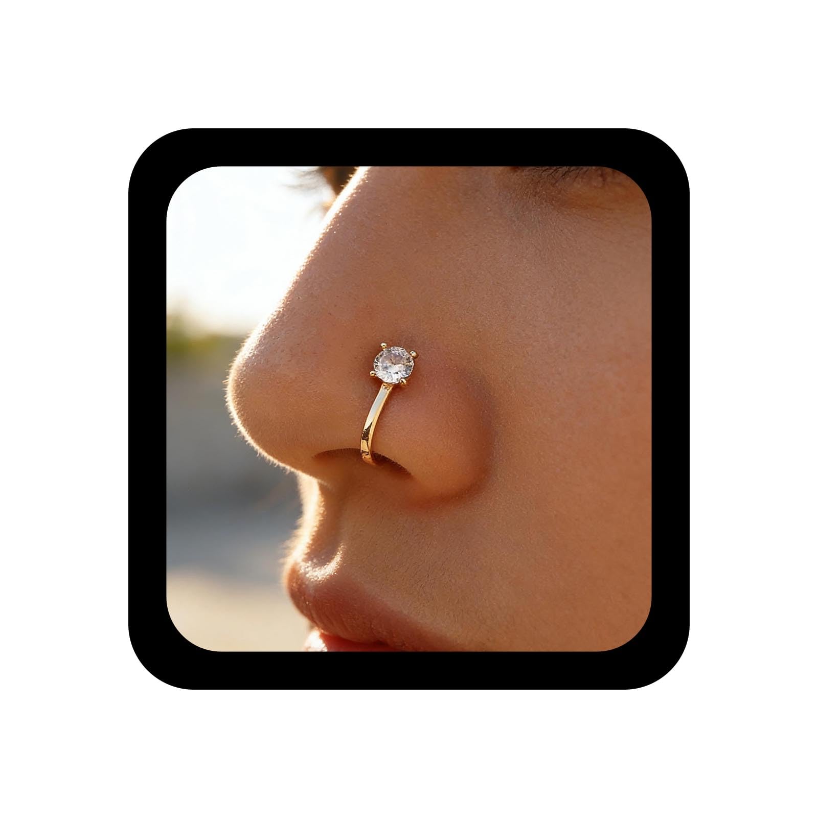 Andelaisi Punk Crystal Circle Clip On Nose Ring Vintage CZ Circle Fake Nose Ring Gold Round Nose Cuff Hoop Ring Non Pierced Nose Rings Gothic Clip On Nose Rings Jewelry for Women
