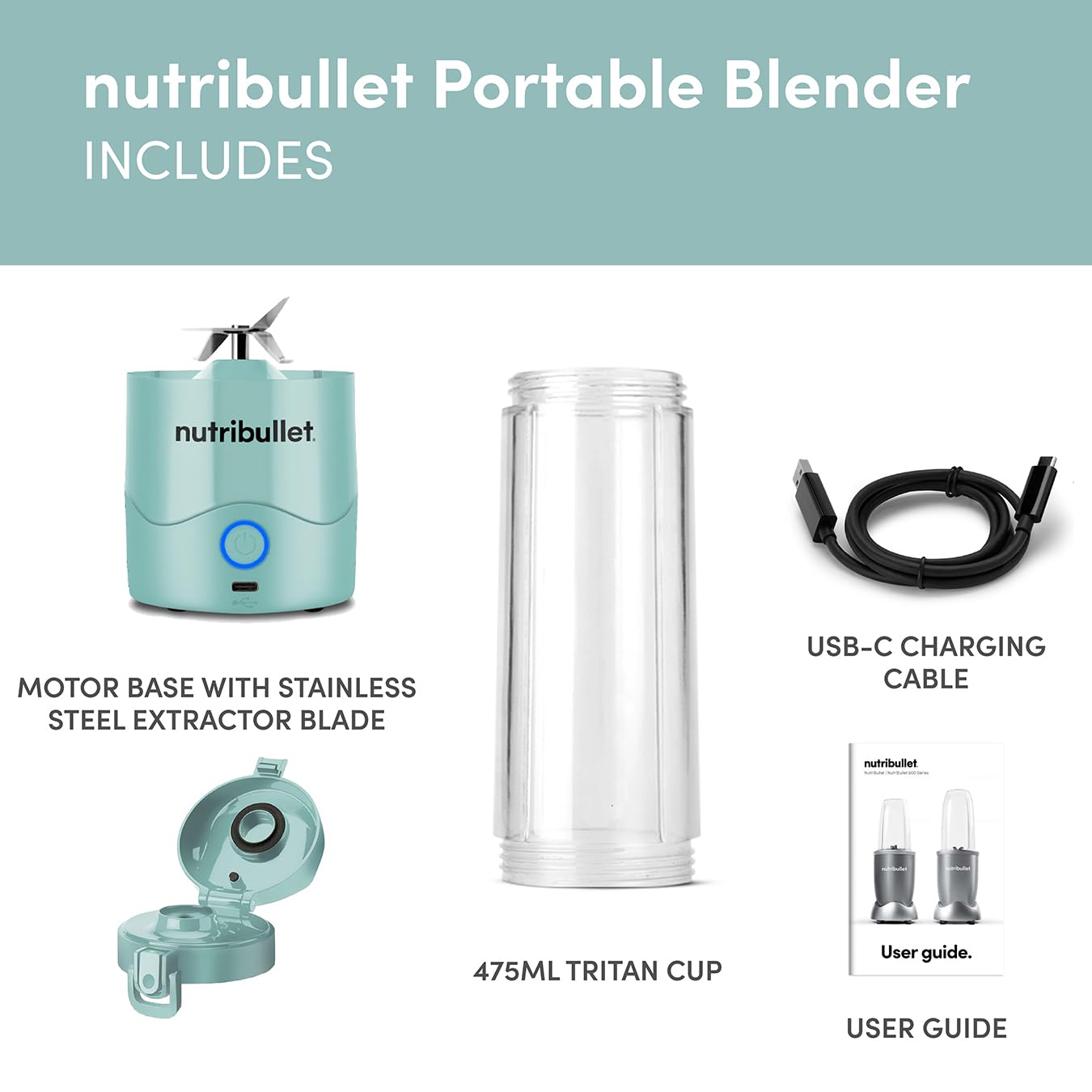 nutribullet Frullatore portatile in azzurro – Potente lama di estrazione, tazza da 475 ml, coperchio da asporto, cavo di ricarica USB-C e guida utente – Offre oltre 15 cicli di miscelazione – Frullati