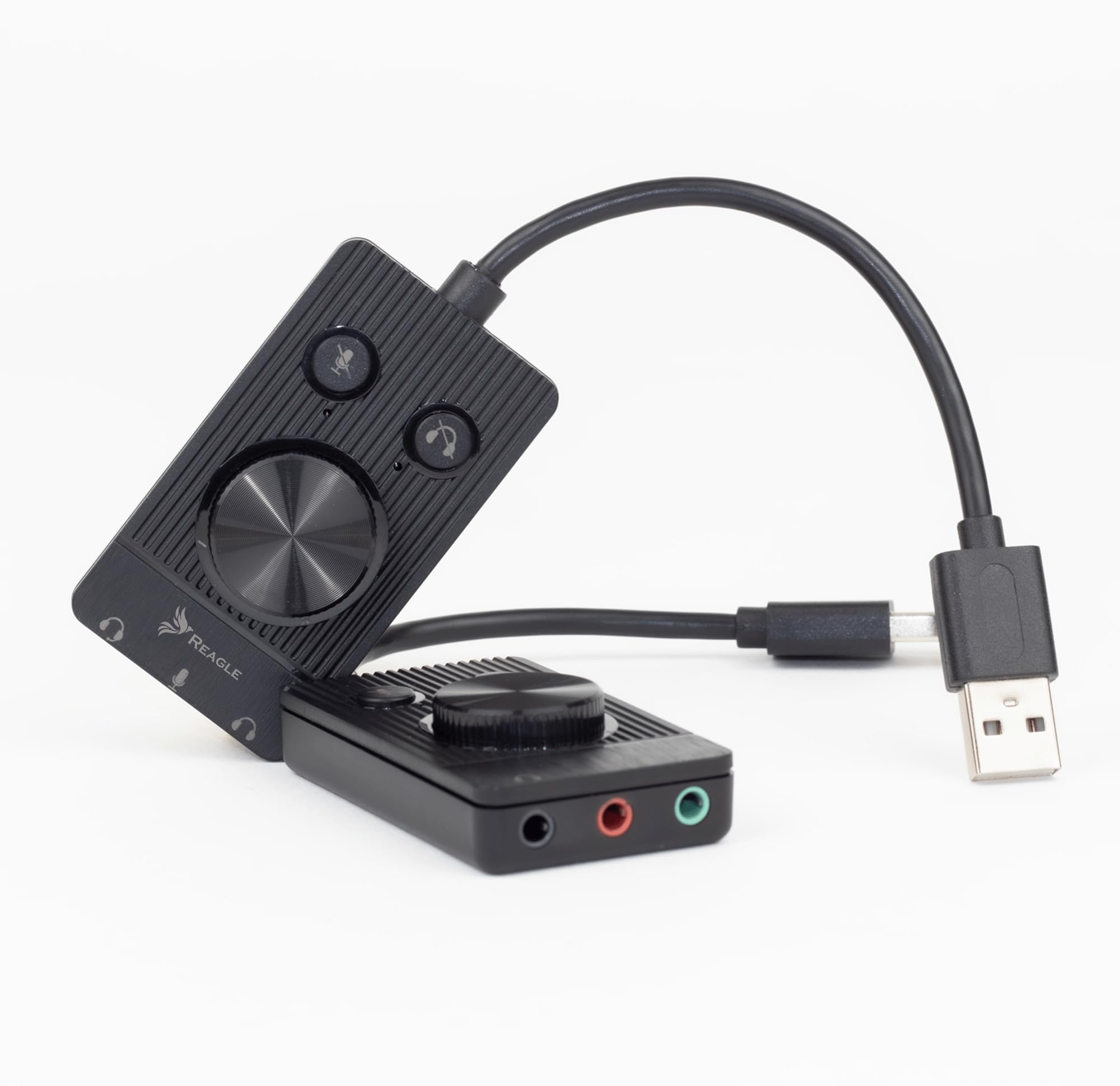 Reagle zewnętrzna karta dźwiękowa USB – 48 kHz/16-bitowy audio, złącza jack 3,5 mm, plug & play, regulacja głośności, przełącznik wyciszenia mikrofonu i słuchawek, kompatybilna z Windows, Mac OS