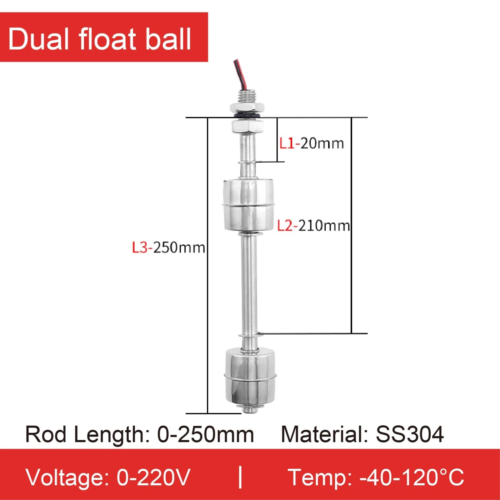 304 Acciaio inossidabile Double Float Switch Controller di livello liquido(0-250mm 220V 304)