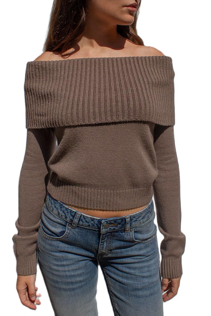 Women Fold Over Sweater Fall Off Shoulder Long Sleeve Oversized Cozy Pullover Knit Sweaters Y2K Girls Trendy Tops
