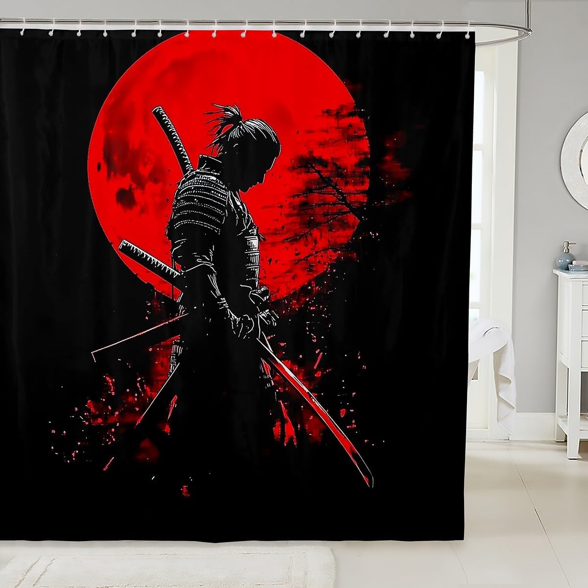 Feelyou Samurai Shower Curtains Mount Fuji Bathroom Curtain for Kids Women Men Red Black Bathroom Accessories Warrior Bushido Waterproof Polyester Fabric for Stalls Bathtubs 72"x72"