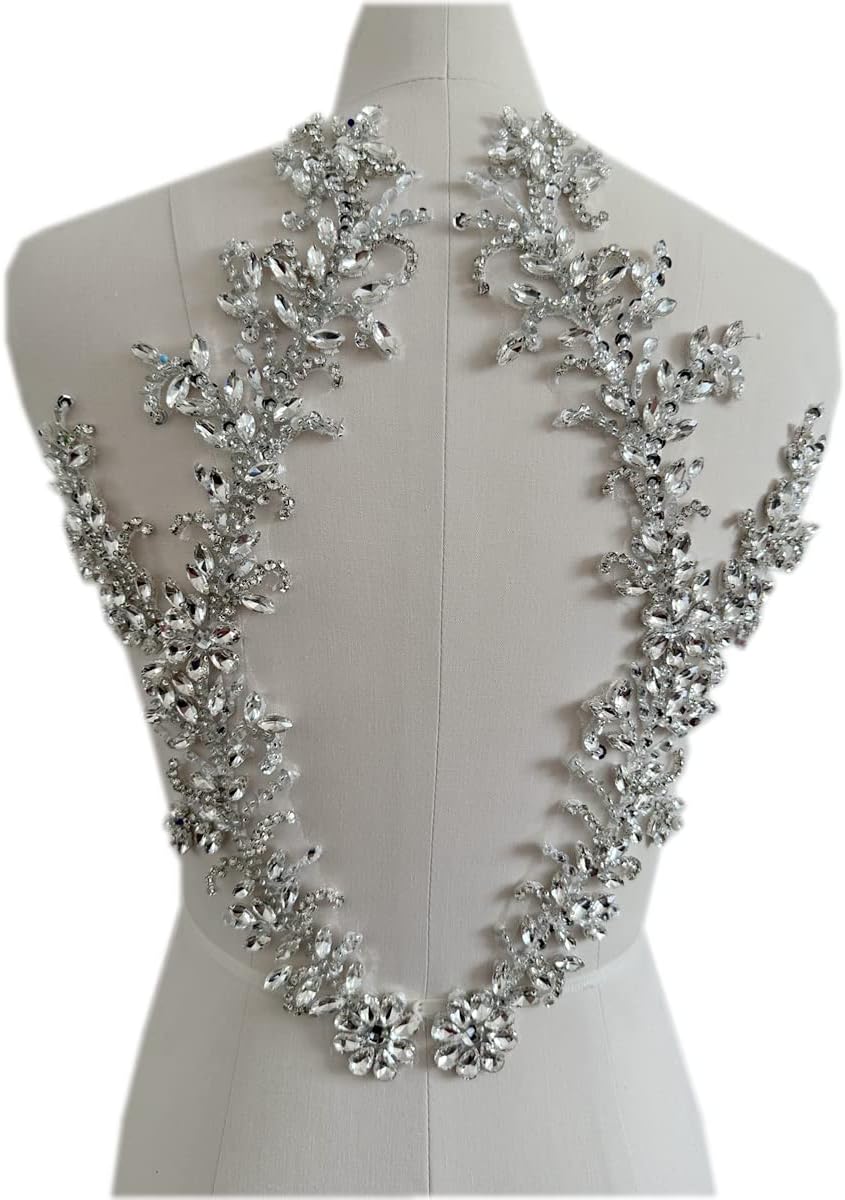Handmade Rhinestones lace Trim Patches handsewing Beads Applique for Dress DIY Accessories (Silver)