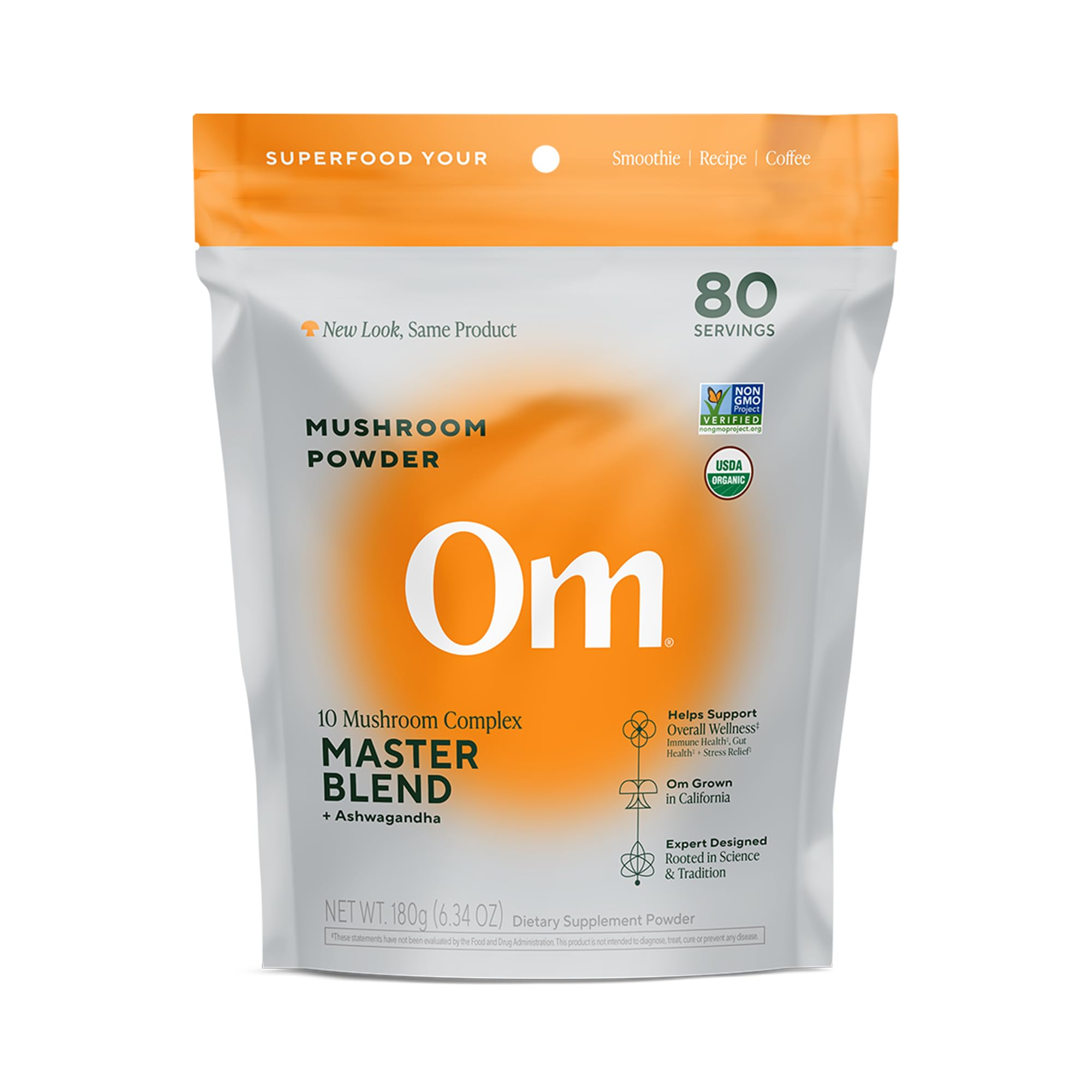 OM Mushrooms Master Blend Mushroom Powder – Organic Mushroom Supplement with 10 Mushrooms and Ashwagandha - Support Immunity, Gut Health & Stress Relief, 6.34 oz (80 Servings)USDA Organic