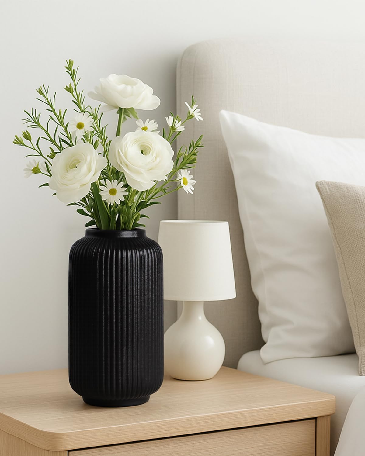 Matte Black Ceramic Flower Vase, 8 Inch Ribbed Vase for Pampas Grass, Fresh or Dried Flowers, Decorative Centerpiece for Living Room, Kitchen, Bookshelf, Office Decor - Image 6