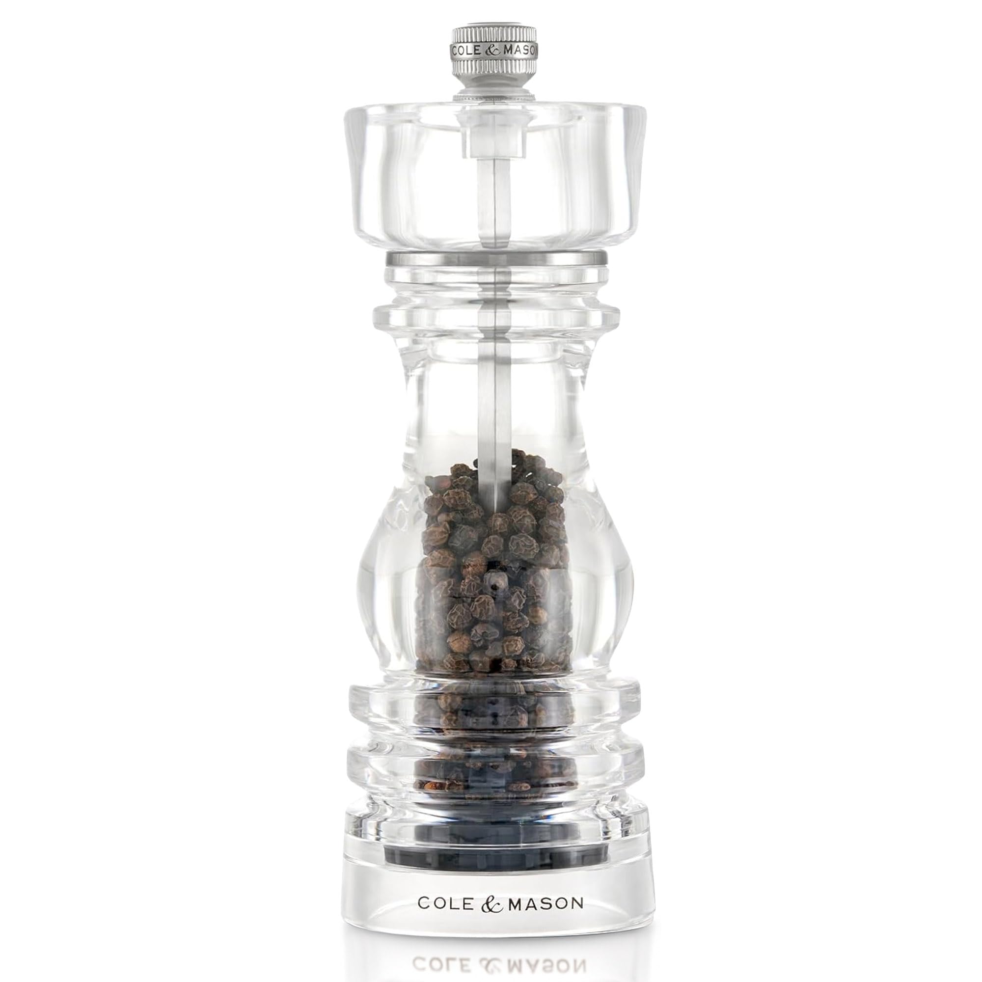 Cole & Mason London Acrylic Pepper Mill, 18cm Pepper Grinder with Adjustable Grind, Precision+ Carbon Mechanism, Seasoning Mill, Lifetime Mechanism Guarantee